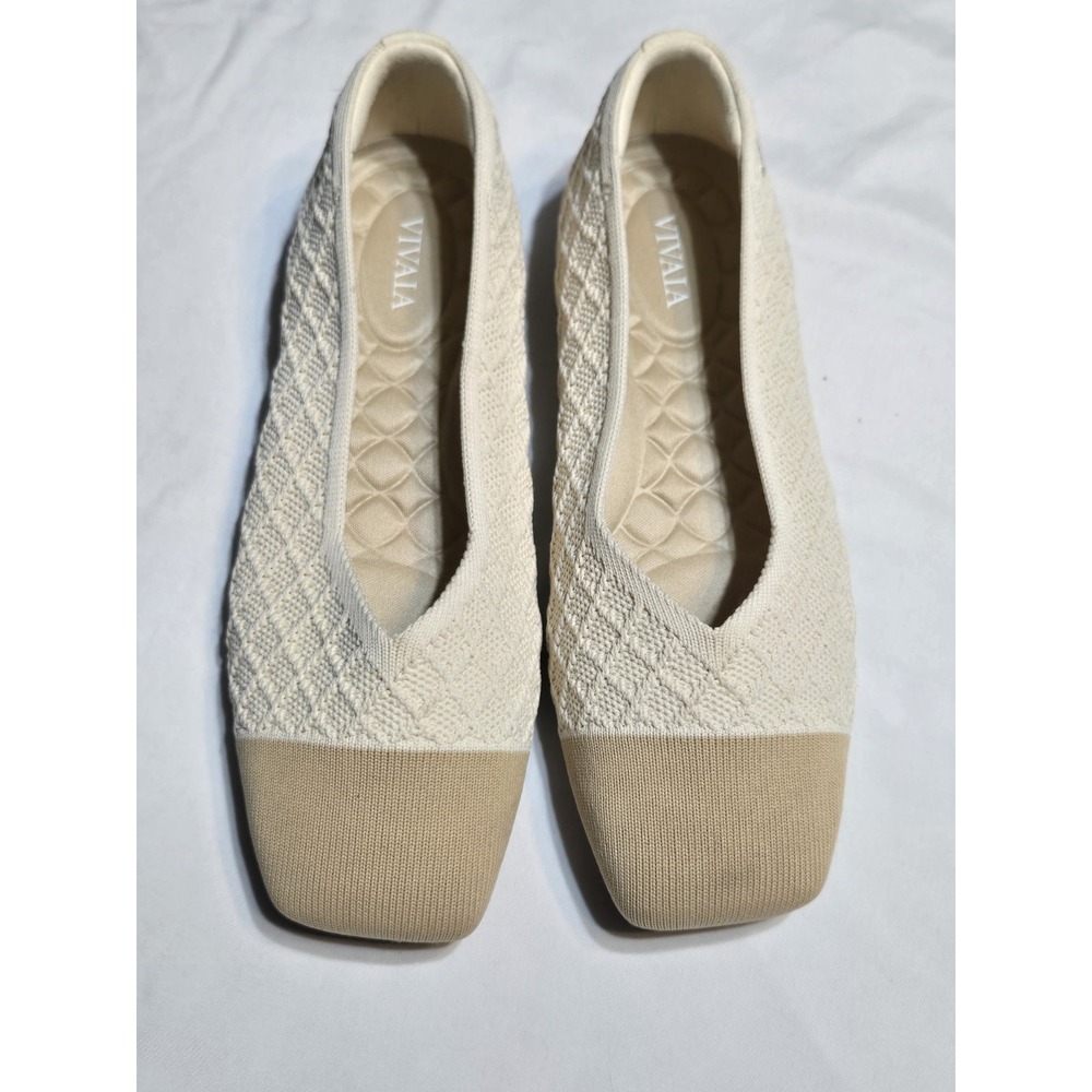 Vivaia Margot 3.0 Square Toe V-Cut Flats US 5 EU 35 Cream/Tan Quilt Quiet Luxury